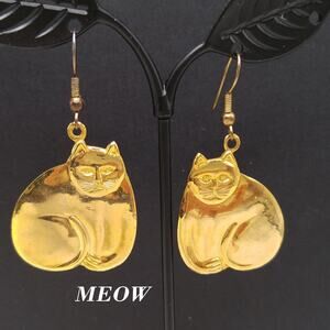 Vintage MEOW Cat Dangle Earrings, Gold Plated, 1990s